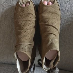 Fly London open toe wedge in deep mustard color